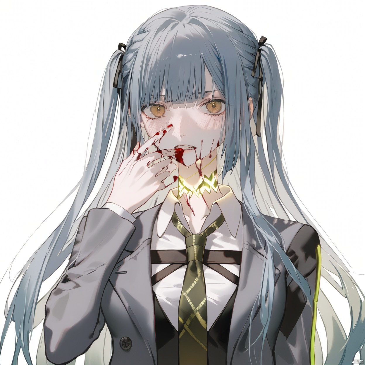 akiko,1girl, solo, long hair, looking at viewer, blush, bangs, simple background,, ribbon, blue hair, grey hair,collarbone, hair ribbon, yellow eyes, braid,, blunt bangs, two side up, black ribbon,cowboy shot,upper body,cyberpunk
1girl, solo, long hair, looking at viewer, bangs, simple background, shirt, long sleeves, white background, ribbon, brown eyes, school uniform, jacket, hair ribbon, white shirt, upper body, grey hair, necktie, collared shirt, black ribbon, blood, blood on face, grey jacket, green necktie, blood from mouth
