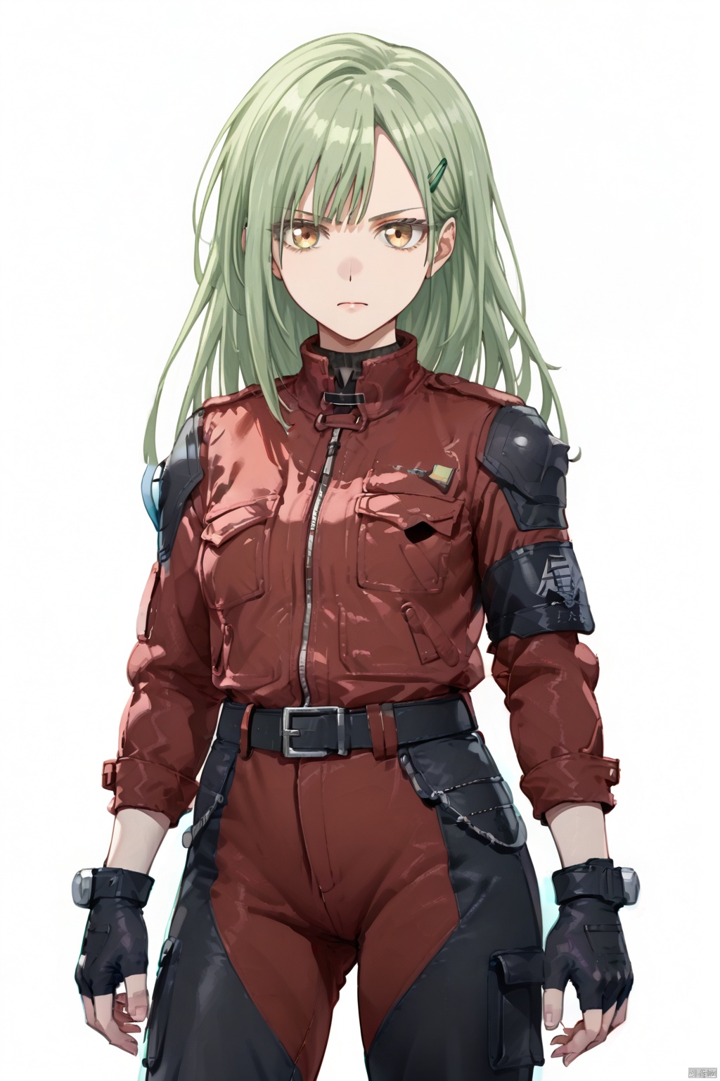 long sleeves white background holding closed mouth jacket black gloves belt pants fingerless gloves medium hair red jacket,nr,cowboy shot,upper body,
1girl, solo, long hair, looking at viewer, bangs, simple background, hair ornament, gloves, long sleeves, white background, holding, closed mouth, standing, jacket, yellow eyes, cowboy shot, green hair, black gloves, hairclip, belt, pants, fingerless gloves, armband, red jacket, pocket, breast pocket,muzumi