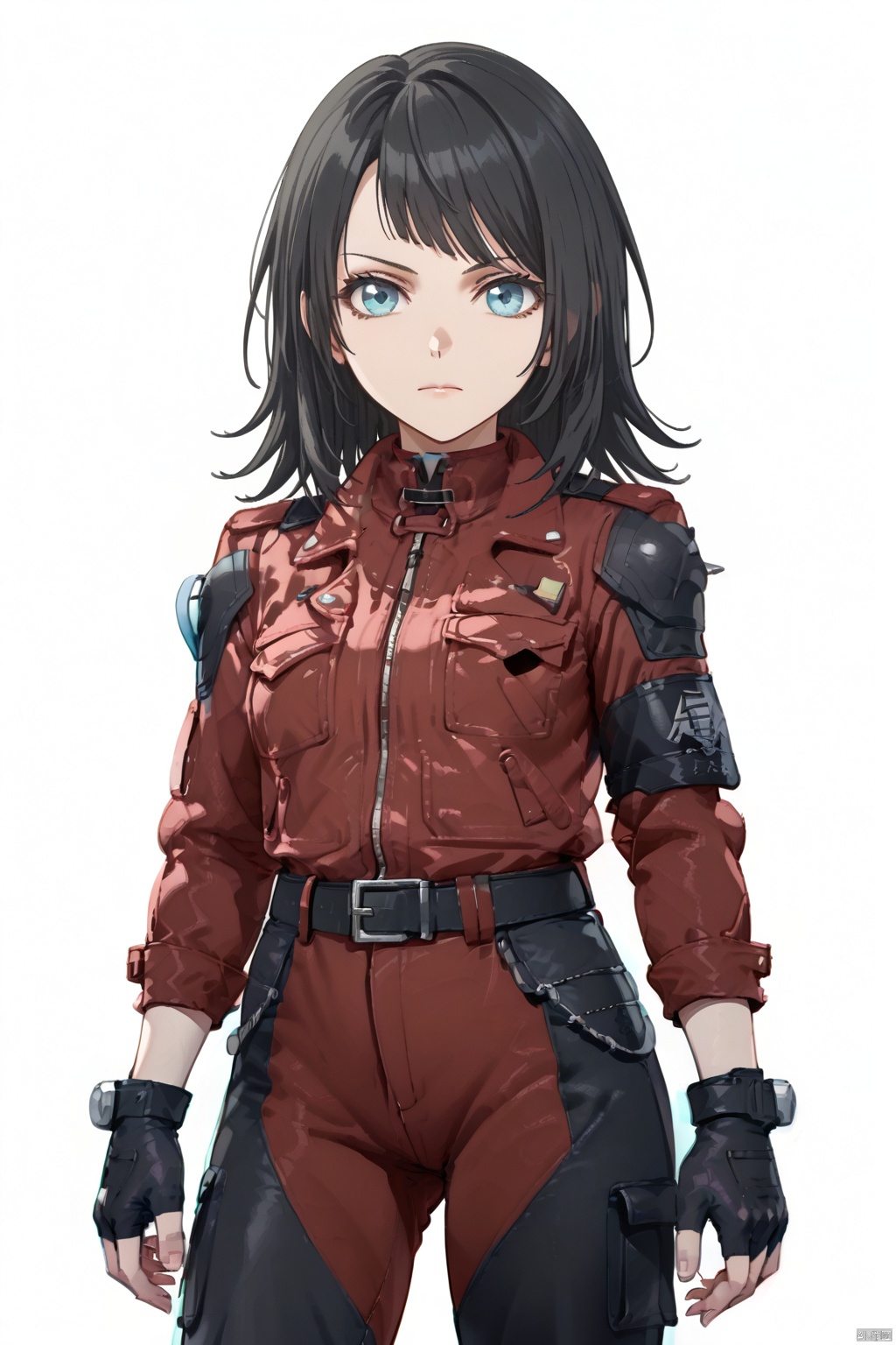 long sleeves white background holding closed mouth jacket black gloves belt pants fingerless gloves medium hair red jacket,nr,cowboy shot,upper body, 1girl, solo, breasts, looking at viewer, bangs, blue eyes, simple background, black hair, gloves, long sleeves, white background, holding, closed mouth, jacket, black gloves, belt, pants, fingerless gloves, medium hair, red jacket, watch,umirin