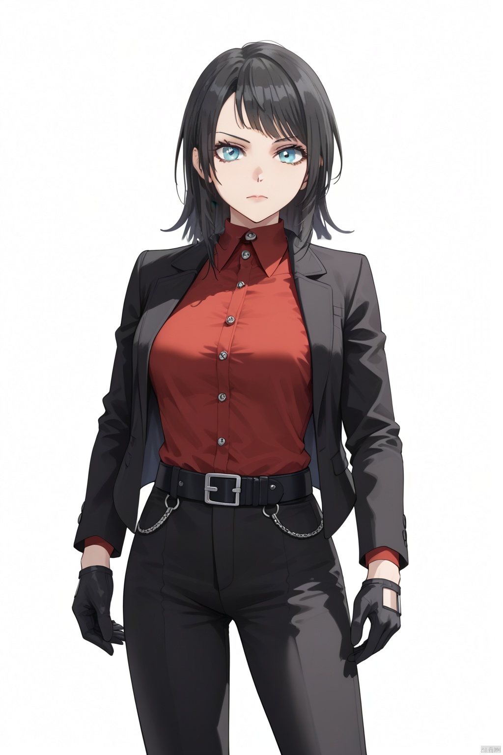 1girl,solo,looking at viewer,bangs,red shirt, gloves, long sleeves,  closed mouth, standing, jacket,  cowboy shot, open clothes,black gloves, belt, pants, open jacket,  black jacket, white background, black ribbon,  black pants, formal, suit, buckle,  black belt, belt buckle,umirin,black hair,blue eyes