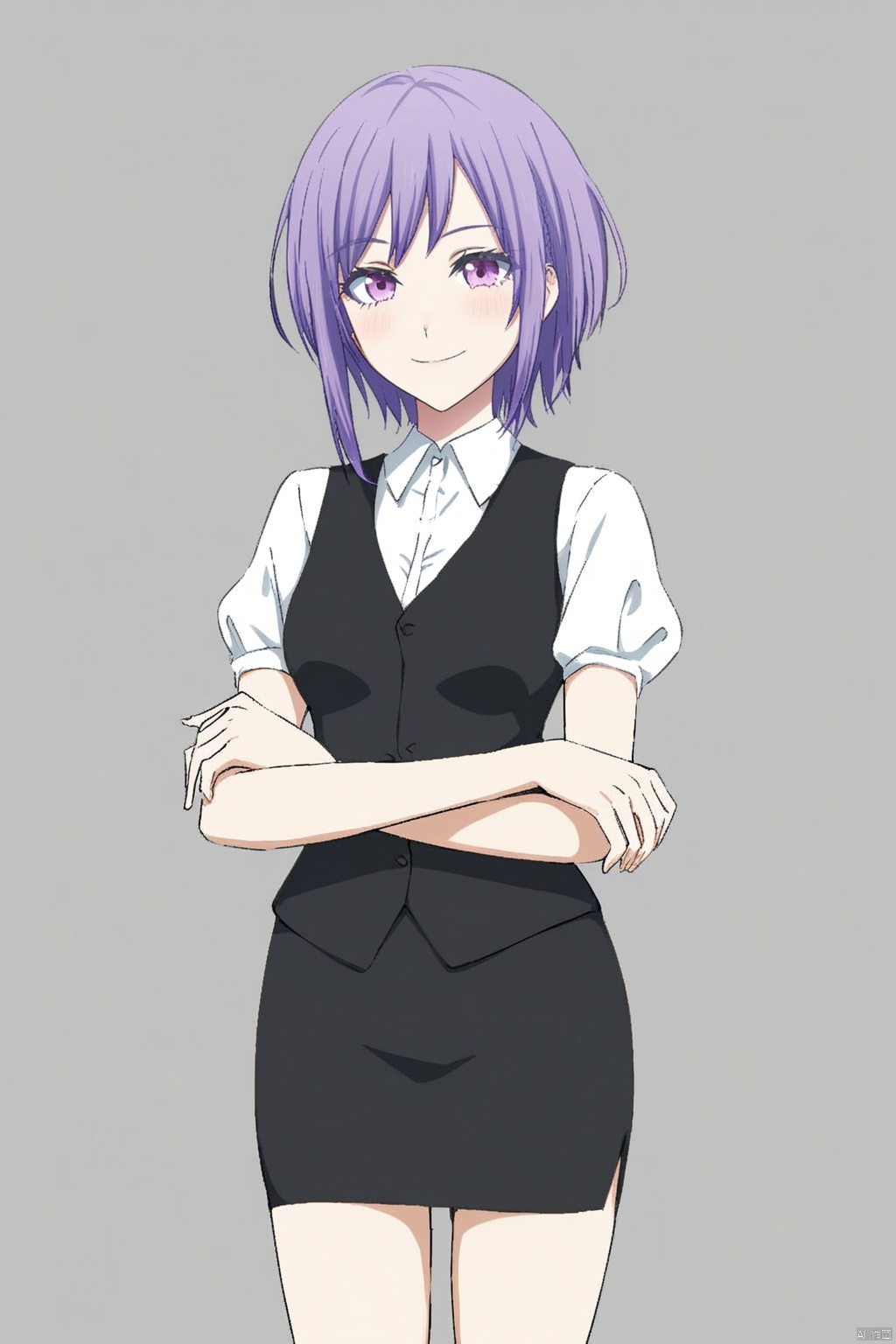 purple_hair,purple_eyes,amoris
1girl, solo, looking at viewer, smile, short hair, skirt, simple background,, shirt,  white background,  standing, white shirt, short sleeves, black skirt, vest,  pencil skirt, 