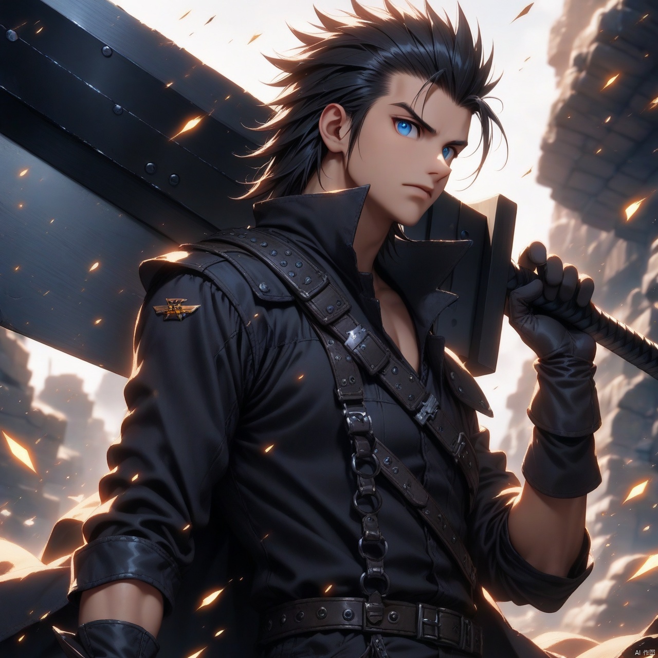 zack,solo, blue eyes, black hair, gloves, 1boy, holding, weapon, hair slicked back, weapon over shoulder, buster sword