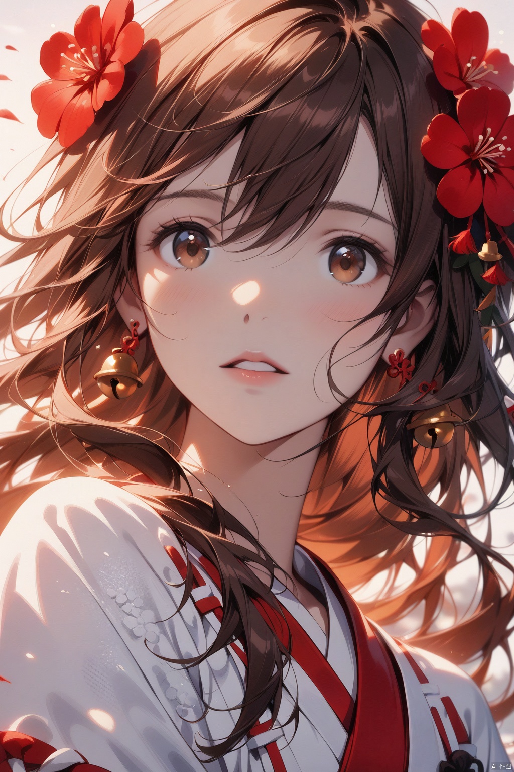  1girl, solo, best quality, detailed, portrait, upper body, looking at viewer, parted lips, brown eyes, hair between eyes, brown hair, long hair, floating hair, hair flower, bangs, white kimono, earrings, red flower, miko, bell