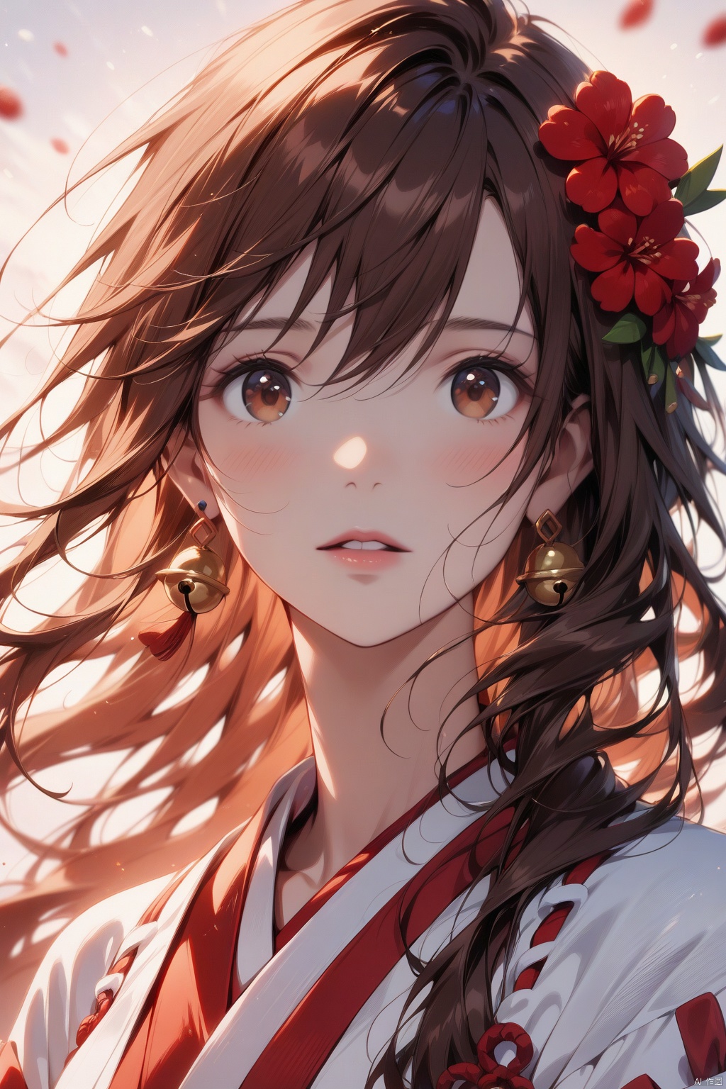  1girl, solo, best quality, detailed, portrait, upper body, looking at viewer, parted lips, brown eyes, hair between eyes, brown hair, long hair, floating hair, hair flower, bangs, white kimono, earrings, red flower, miko, bell