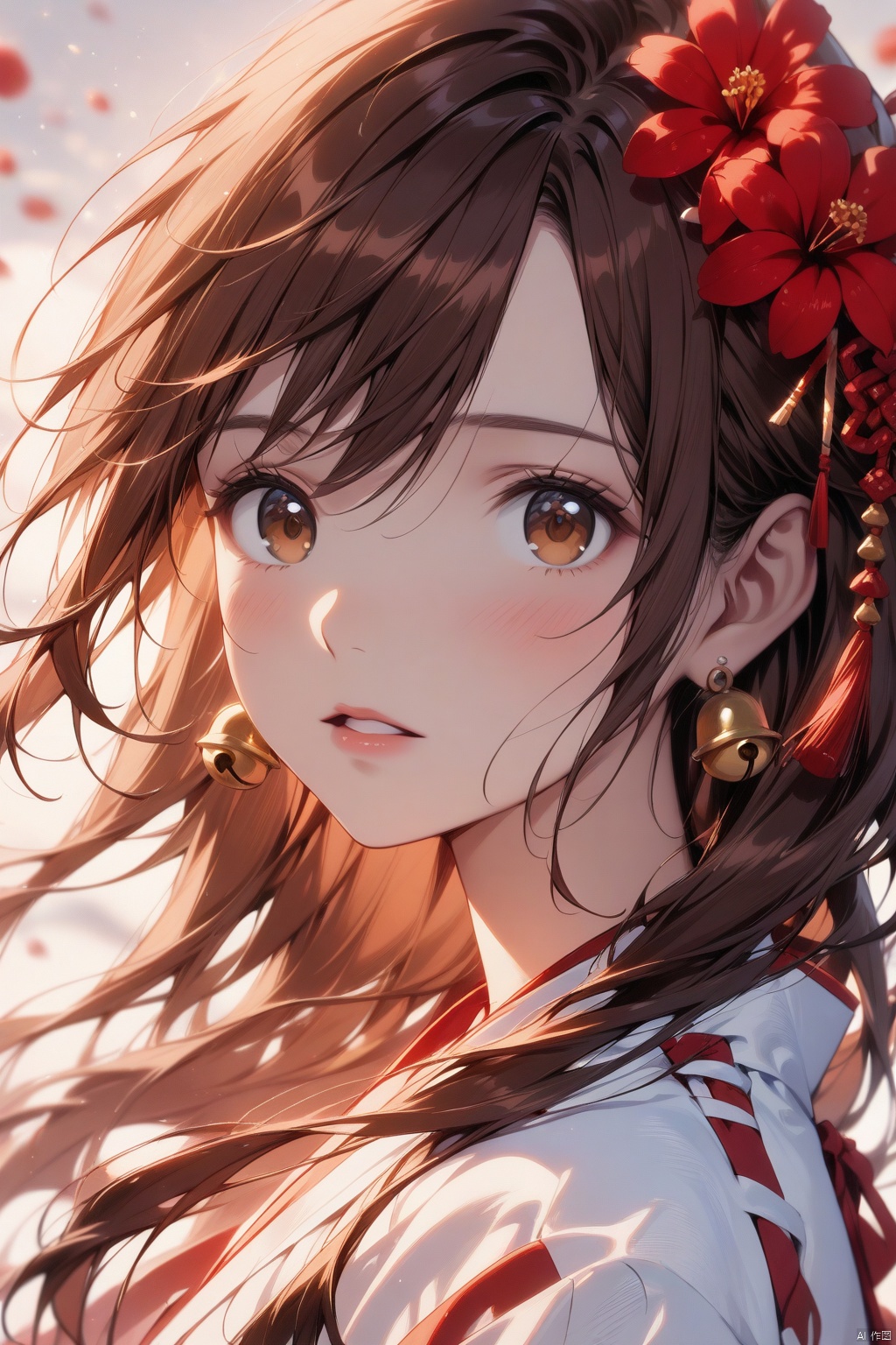  1girl, solo, best quality, detailed, portrait, upper body, looking at viewer, parted lips, brown eyes, hair between eyes, brown hair, long hair, floating hair, hair flower, bangs, white kimono, earrings, red flower, miko, bell