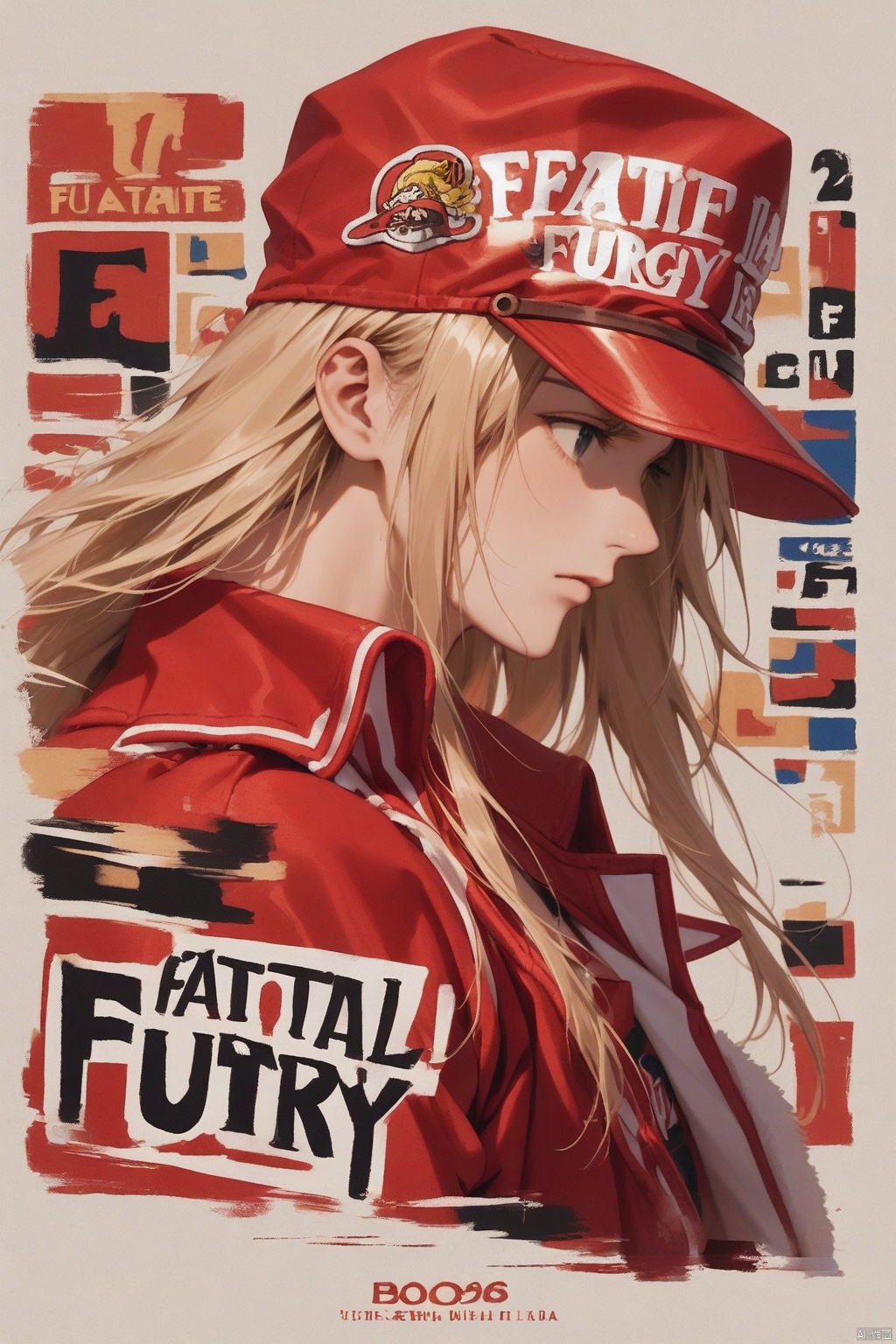 22years old, terry bogard, wearing a red duckbill hat, with the words "fatal fury" printed on the front of the hat,profile