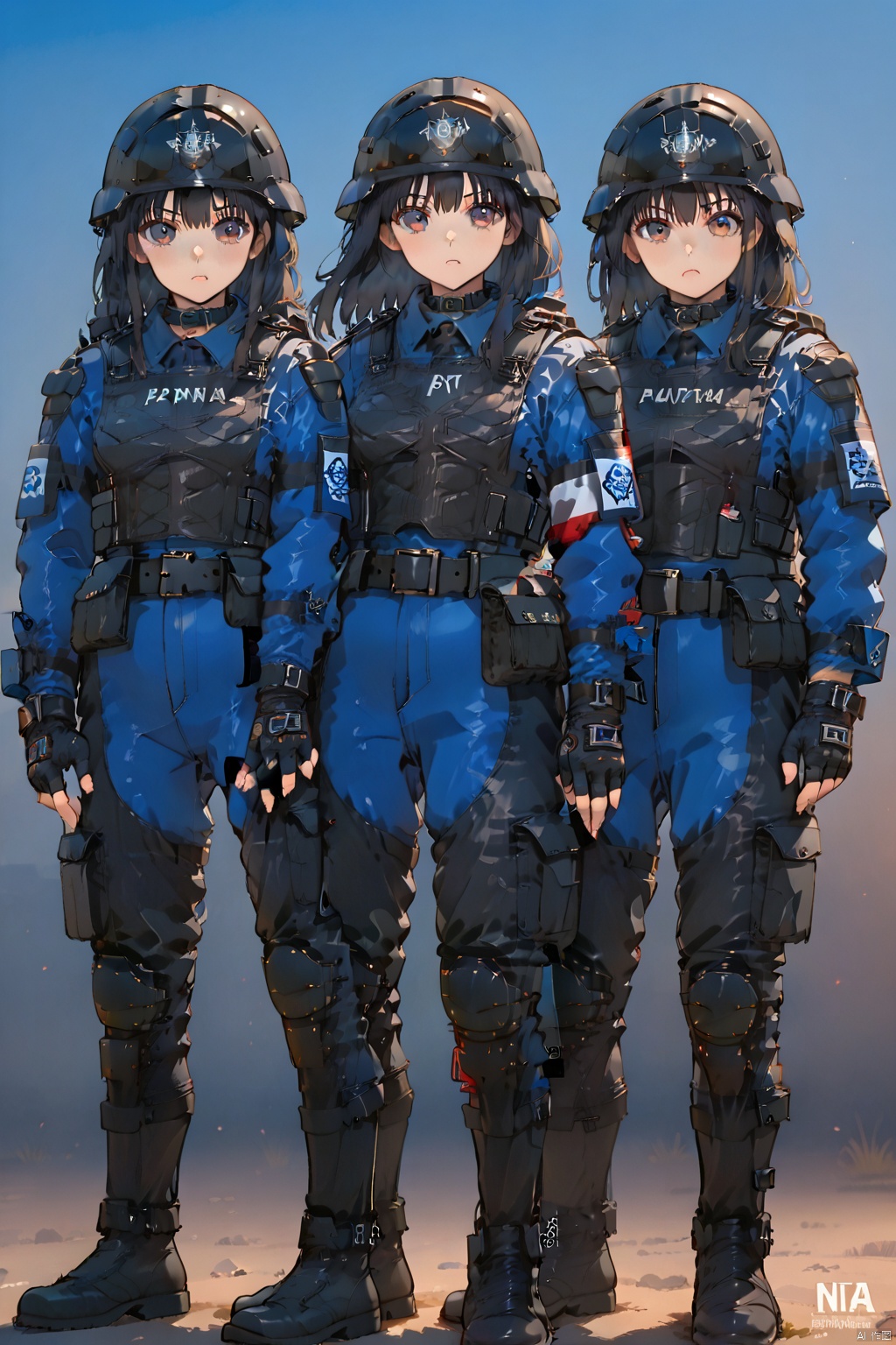 night raiders fa,helmet,collar,belt,military uniform,logo,uniform,jacket,fingerless gloves,gloves,boots,emblem,pants,bodysuit,belt pouch,armband,military,blue jacket,bulletproof vest,black gloves, belt, pants,black footwear,knee pads, police,tactical clothes,nra