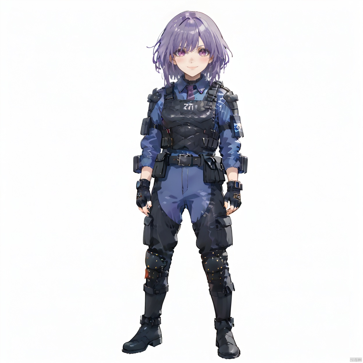 1girl, solo, looking at viewer, blush, smile, short hair, closed mouth, purple eyes, collarbone, purple hair,,amoris
1girl,solo,looking at viewer,simple background,gloves,white background,closed mouth,standing,full body,boots,black gloves,belt,pants,virtual youtuber,fingerless gloves,black footwear,uniform,knee pads,police,tactical clothes,bulletproof vest,nra, amoris,purple_eyes,purple-hair