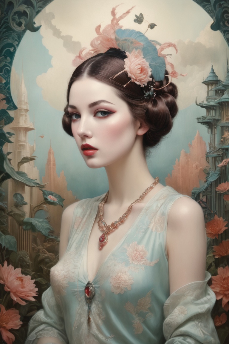1 Petite girl,  realistic figures in the foreground,  Art Deco painting in the background an art deco painting:0.25 a phot...