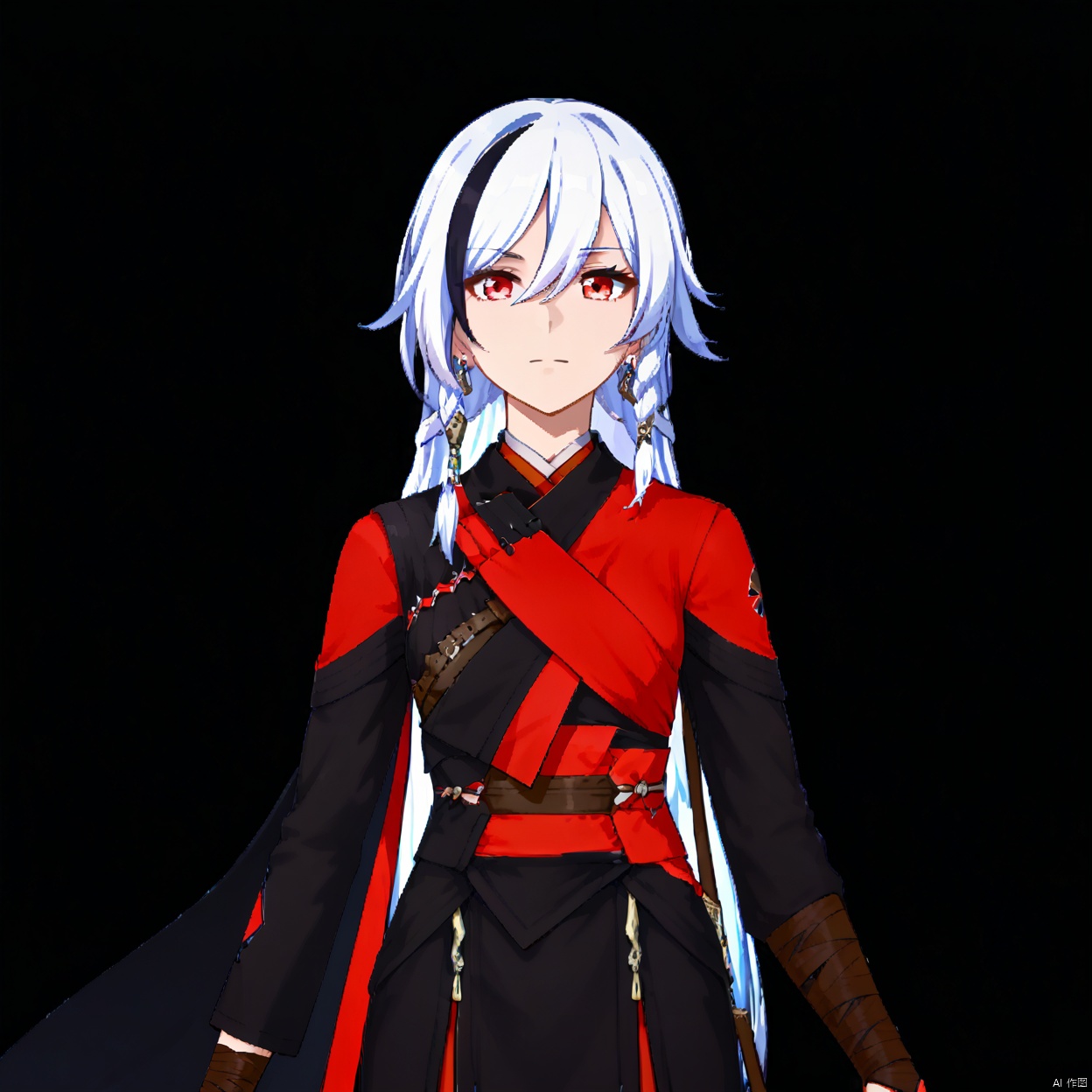 heiyuan,grin,low ponytail,blanket,belt,silver hair,low-tied long hair,messy hair,two-tone hair,streaked hair,jewelry,leather,long hair,bandages,white hair,black hair,red eyes,red rope,red legwear,fu hua,hakama,armor,brown footwear,high heel boots,jacket,dress,toeless legwear,arm wrap,sarashi,high heels,gradient hair,long sleeves,multicolored hair,braid,gloves,pants,earrings,1girl,bangs,closed mouth,expressionless,hair between eyes,hair ornament,long hair, Anime,heiyuan
