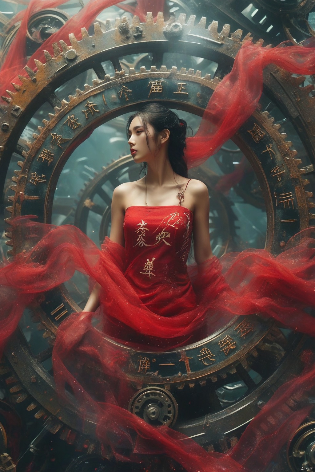 海报设计,一个女子身陷一个巨大巨大的齿轮漩涡中,透明红纱,刻着汉字,锯齿,锋利的,闪光,
