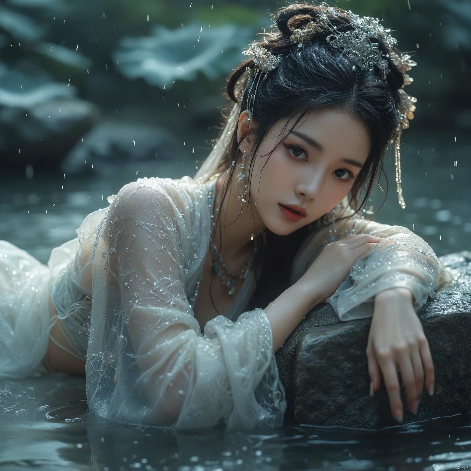 中国古装女子趟在池中的石头上,妩媚动人,特写,透明白纱衣,长发飘散,极其复杂的饰品,奇幻风格,水珠滑落在大腿上,自然光,下雨,丁达尔效应