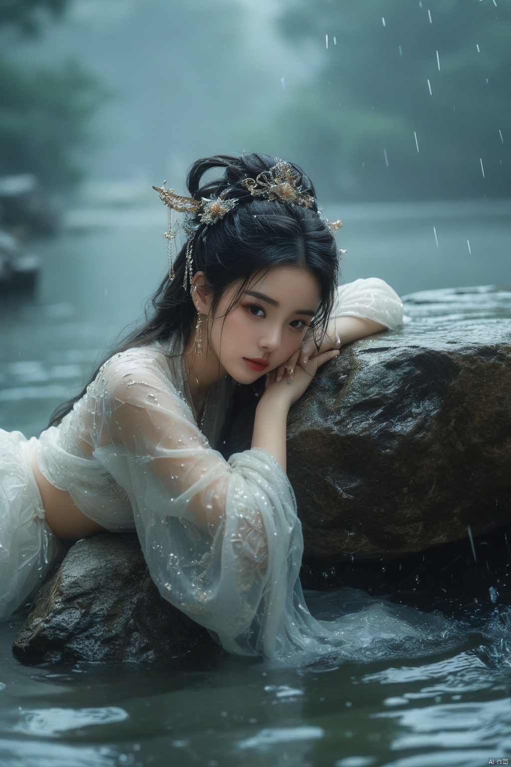 中国古装女子趟在池中的石头上,妩媚动人,透明白纱衣,长发飘散,极其复杂的饰品,露出肚脐,大腿,奇幻风格,水珠滑落在大腿上,自然光,下雨,丁达尔效应
