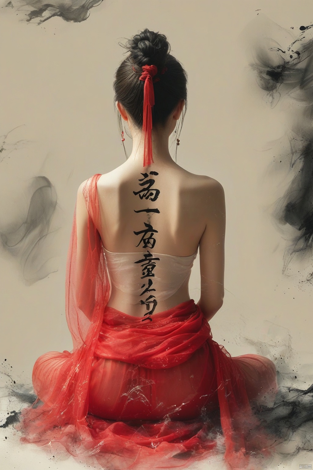 海报设计,一名中国女子写着汉字的后背,打坐,背影,透明红色纱巾,,水墨画风