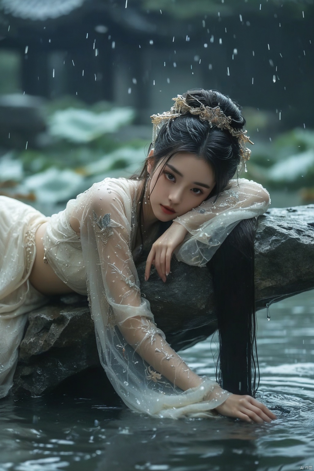 中国古装女子趟在池中的石头上,妩媚动人,透明白纱衣,长发飘散,极其复杂的饰品,露出肚脐,大腿,奇幻风格,水珠滑落在大腿上,自然光,下雨,丁达尔效应