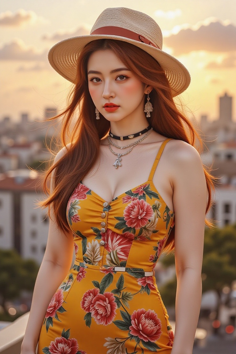 A youthful beauty stands confidently against the urban backdrop,  crimson locks flowing down her back like a fiery waterfa...
