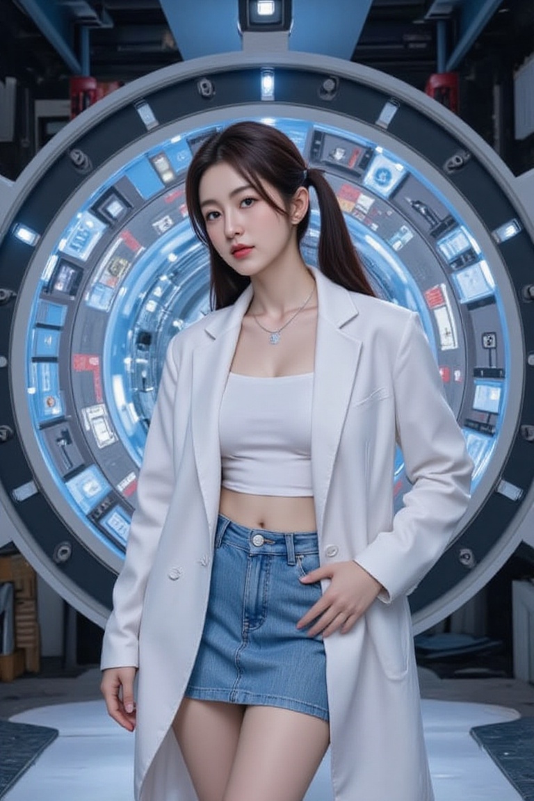 a A female quantum physicist stands before a massive particle accelerator,  represented through a tunnel glowing with ener...