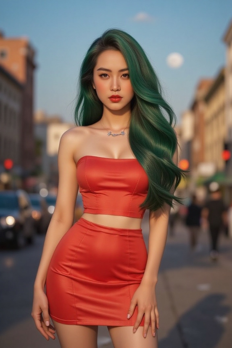 A youthful beauty stands out against the urban backdrop. Green locks cascade down her back as she poses confidently in a r...