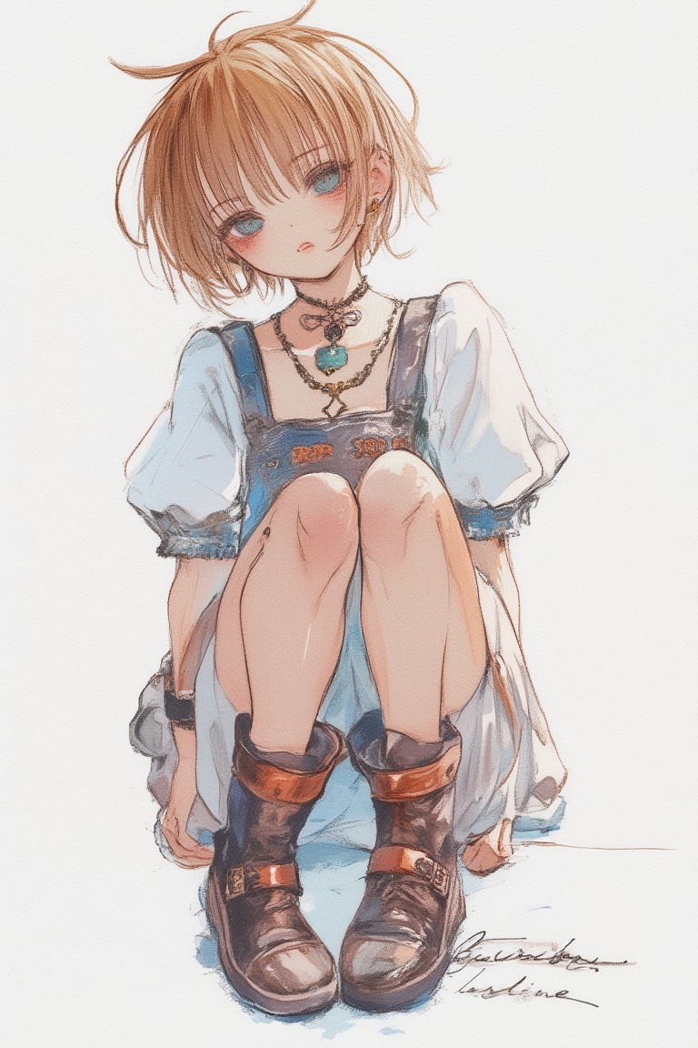 Here's a prompt for an image: Create a whimsical watercolor painting of a solo girl sitting on a white background,  lookin...