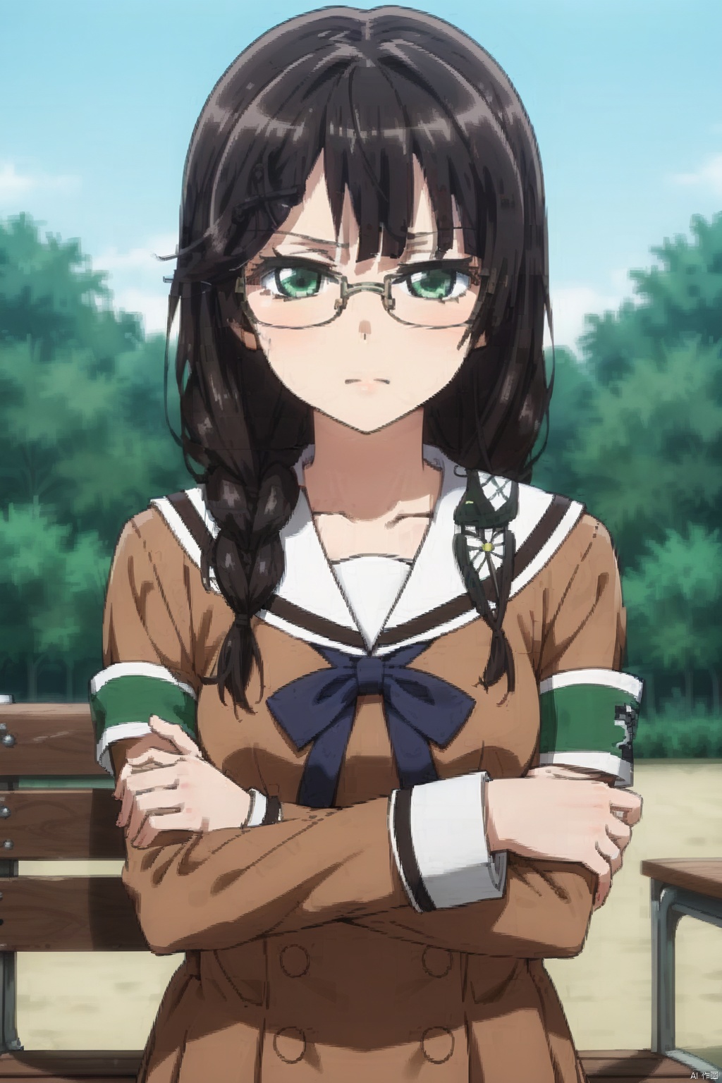 long hair, black hair, 1girl,solo, school uniform, green eyes, braid, glasses, serafuku, yuri, crossed arms, armband, bench, double-breasted, brown dress, hanasakigawa school uniform,nanana