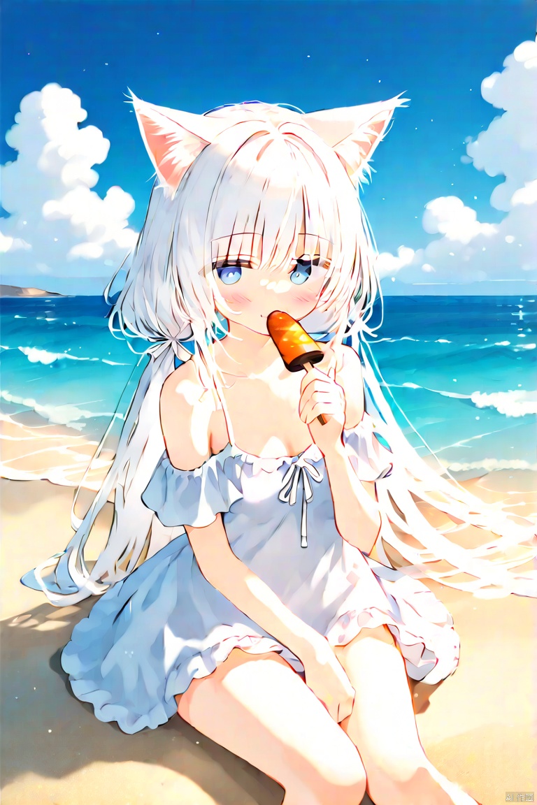loli,1girl, solo, long hair, breasts, looking at viewer, blush, bangs, blue eyes, hair ornament, animal ears, cleavage, hair between eyes, bare shoulders, twintails, sitting, very long hair, collarbone, swimsuit, ahoge, white hair, bikini, small breasts, outdoors, frills, food, sky, barefoot, day, cloud, cat ears, water, blue sky, animal ear fluff, bare arms, bare legs, ocean, low twintails, white bikini, mouth hold, beach, cloudy sky, hair bobbles, between legs, frilled bikini, knee up, popsicle, hand between legs, horizon, food in mouth