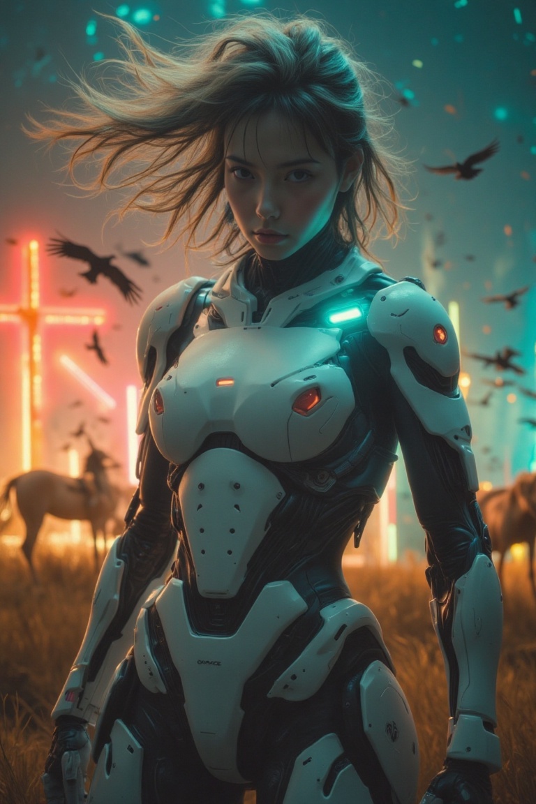 A young cyborg ,  nun stands in a heroic pose at the entrance of an old,  weathered church in the barren wastelands of Mex...