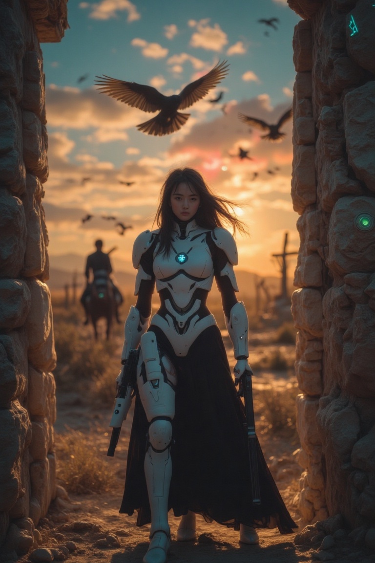 A young cyborg ,  nun stands in a heroic pose at the entrance of an old,  weathered church in the barren wastelands of Mex...