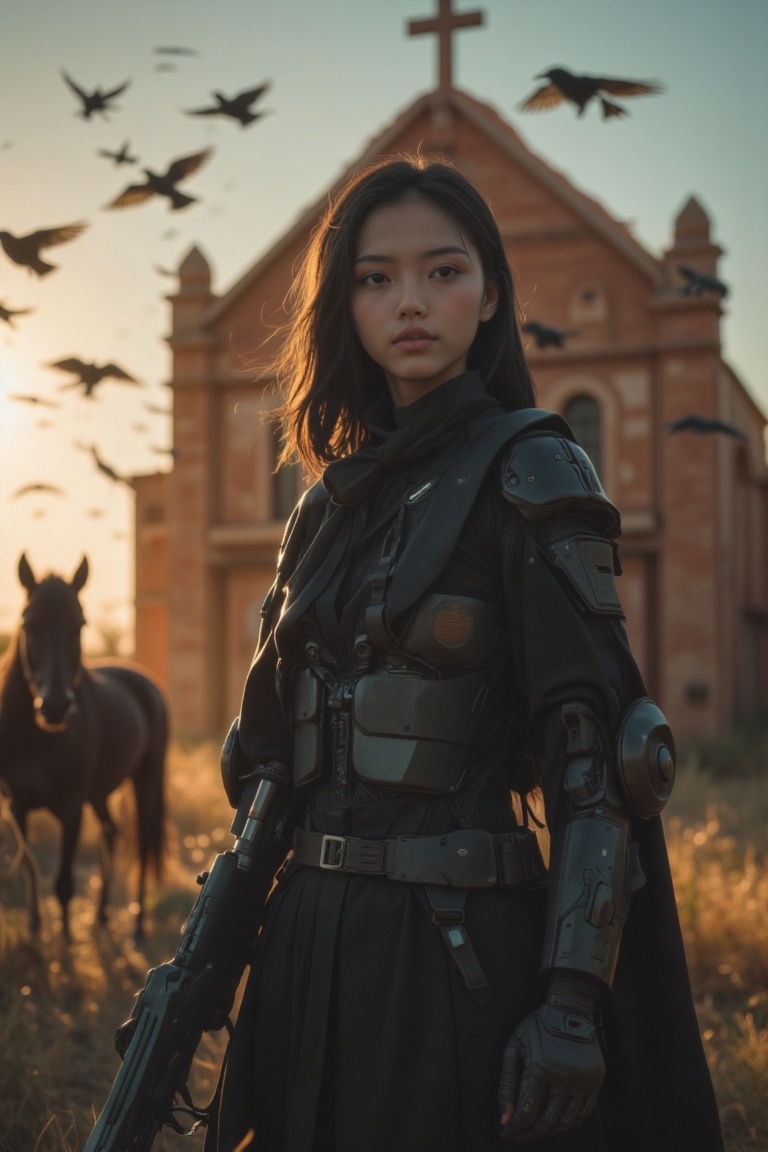 A young cyborg ,  nun stands in a heroic pose at the entrance of an old,  weathered church in the barren wastelands of Mex...