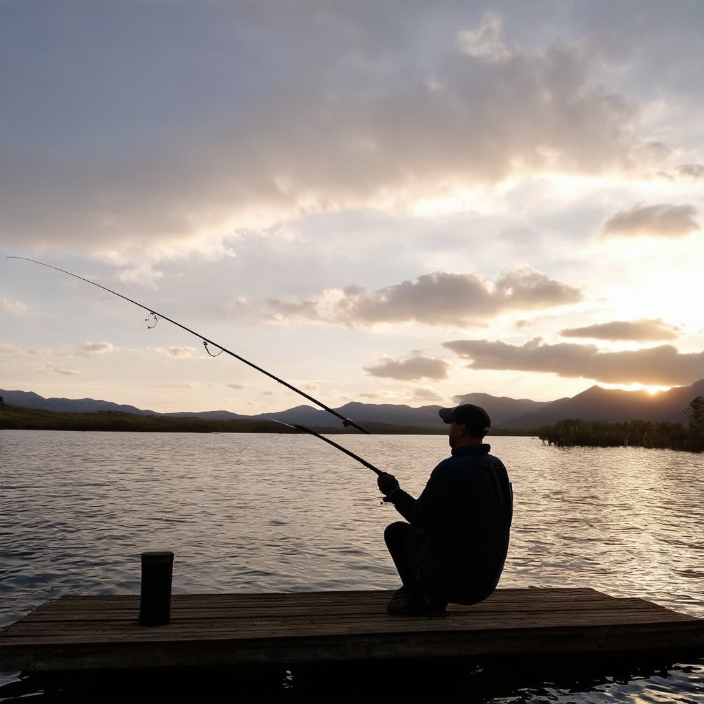 a person fishing by the lake, sitting on a wooden pier, holding a fishing rod, peaceful countryside landscape with mountains in the background, detailed clouds in the sky, golden hour lighting, realistic, photorealistic, photo-realistic:1.37, (best quality,4k,8k,highres,masterpiece:1.2),ultra-detailed,HDR,vivid colors,studio lighting,extreme detail description