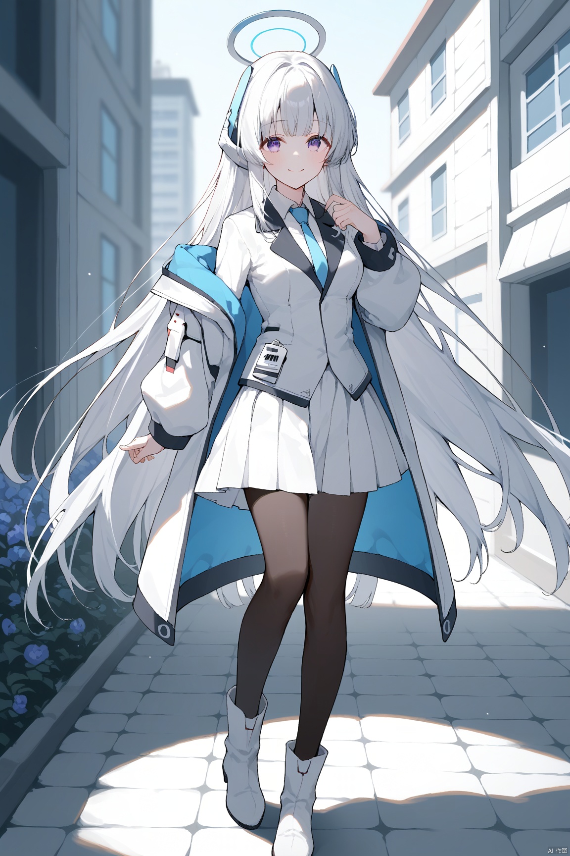 (score_9,score_8_up,score_7_up), 1girl,solo,(masterpiece:1.3),( beautiful:1.2),(high quality:1.2),(finely detailed:1.2),extremely detailed CG unity 8k wallpaper,best quality,a very delicate and beautiful,perfect fingers,1girl, solo, long hair, breasts, smile, bangs, skirt, shirt, long sleeves, very long hair, standing, purple eyes, jacket, white shirt, flower, white hair, pantyhose, pleated skirt, boots, outdoors, open clothes, necktie, collared shirt, off shoulder, open jacket, black pantyhose, bird, headphones, halo, formal, white footwear, white jacket, white skirt, suit, blue necktie, id card, mechanical halo, white suit