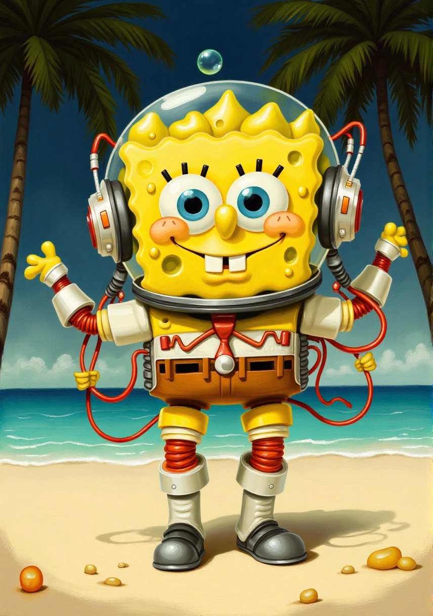 oil painting,  breathtaking an super cute zhibi artalien badly costumed as a wired-cyborg Astronaut-spongebob with a helme...