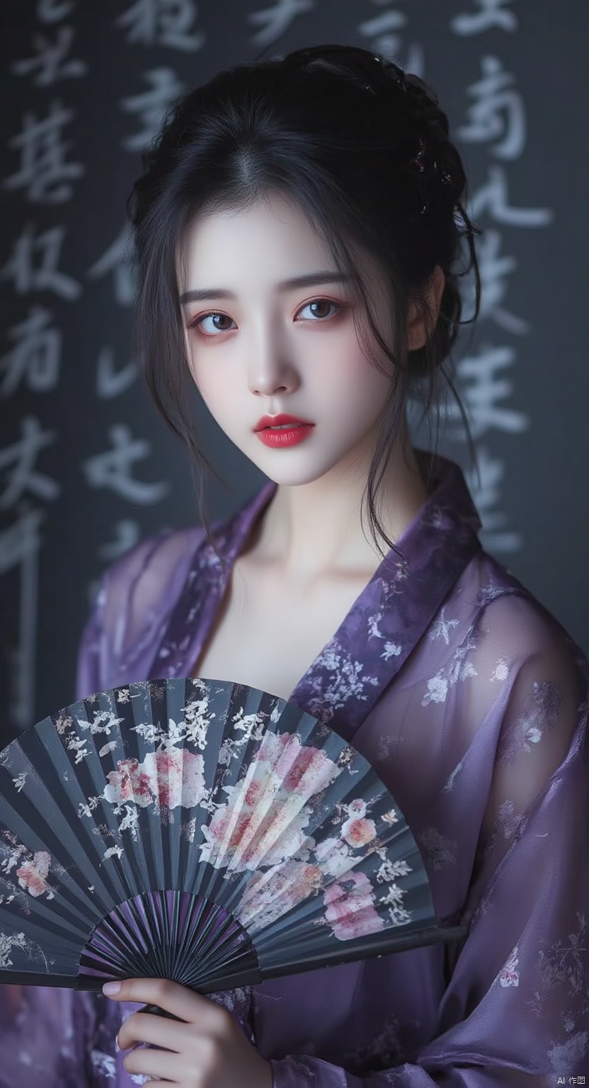 1girl, with a purple kimono adorned with flowers. Her hair is pulled back in a bun
cascading down her shoulders
framing her face. She is adorned with a bold red lip
adding a pop of color to her outfit. Her eyes are a piercing blue
her eyebrows are a darker shade of brown
and her lips are a lighter shade of red. She's holding a black hand fan
with a floral pattern on it
adding depth to the scene. The background is blurred
The background is a wall with Chinese characters written on it
creating a stark contrast to the woman's outfit.sexy
