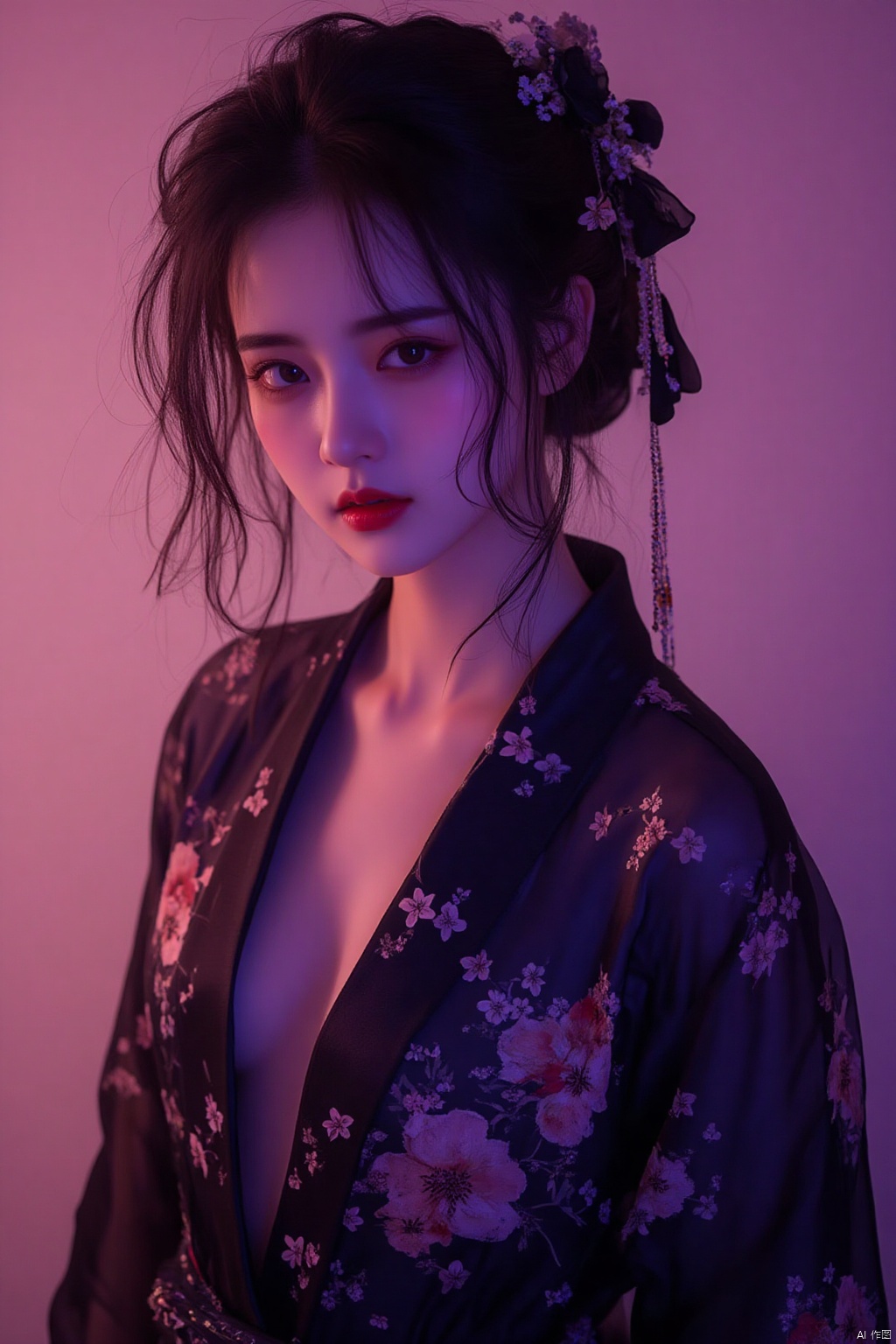 1girl,with a black kimono adorned with flowers.,Trendy K Style, neon lighting, highly detailed, ultra-high resolutions, 32K UHD, best quality, masterpiece