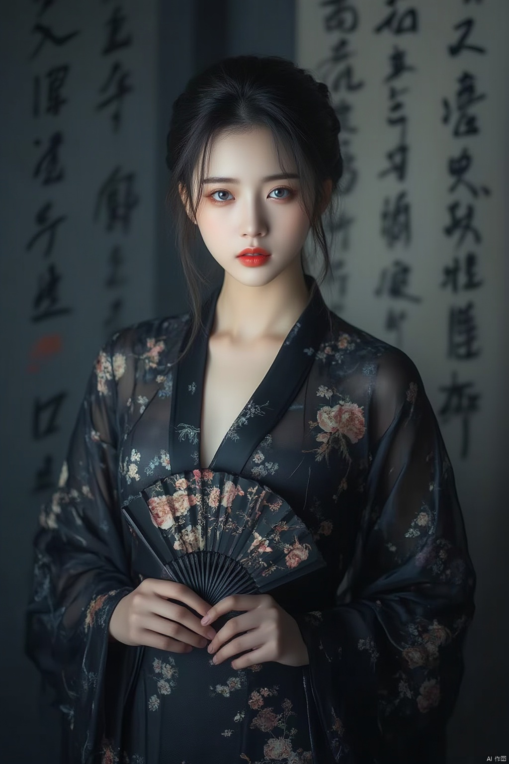 1girl, with a black kimono adorned with flowers. Her hair is pulled back in a bun
cascading down her shoulders
framing her face. She is adorned with a bold red lip
adding a pop of color to her outfit. Her eyes are a piercing blue
her eyebrows are a darker shade of brown
and her lips are a lighter shade of red. She's holding a black hand fan
with a floral pattern on it
adding depth to the scene. The background is blurred
The background is a wall with Chinese characters written on it
creating a stark contrast to the woman's outfit.sexy
