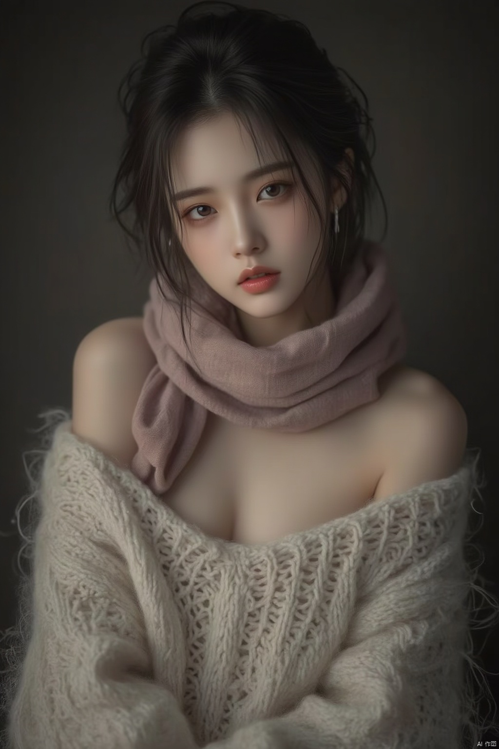 High quality, masterpiece, Portrait,cinematic texture,1girl,sexy_sweater, navel,Scarf,Off shoulder,