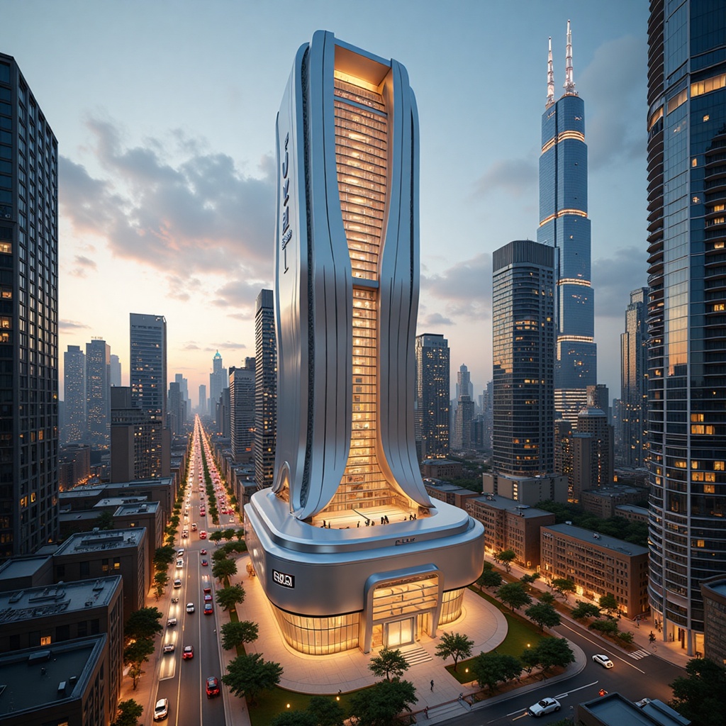 A futuristic cityscape at dusk,  with a sleek,  silver skyscraper dominating the frame. The Flux Enhanced All - Realistic...