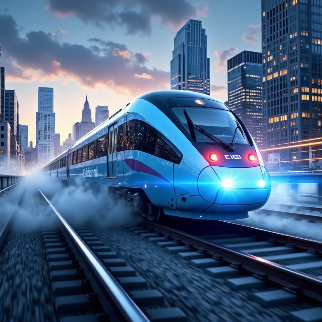 A high-speed train zooms through the cityscape at dusk,  its FLUX ENHANCED ALL logo glowing bright blue against a wispy fo...