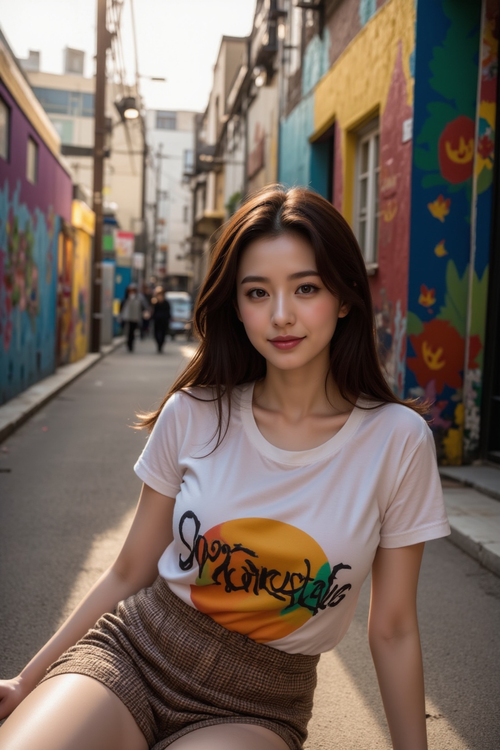 A young Asian woman lounges in a vibrant street art alleyway,  wearing a bold graphic t-shirt and a short skirt,  paired w...