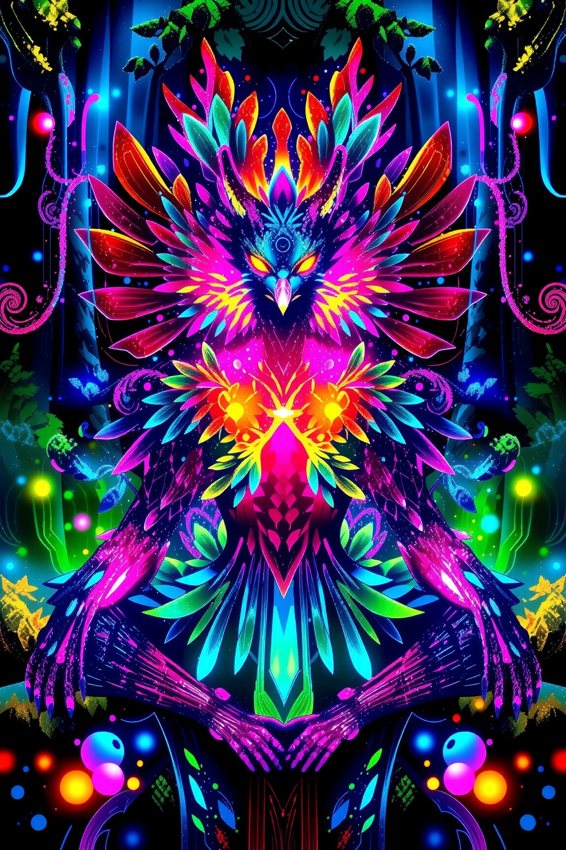 a FengHuang sits in a forest and transcends and opens up to the spirit realm surrounding them.,  fractals,  vivid color by...