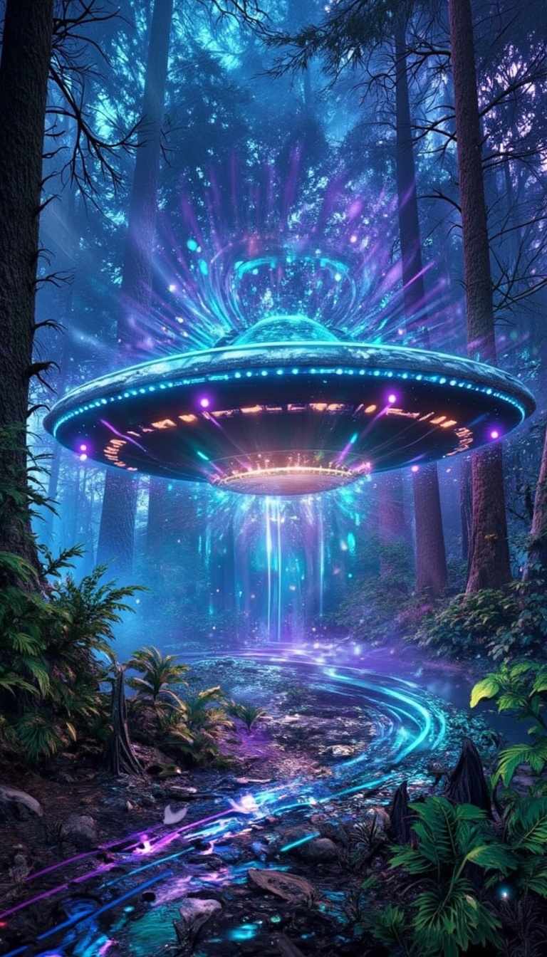 flying saucer in a psychedelic Foggy forest ,  psychedelic visuals effects.dmt,  lsd by doerayme on Tensor.Art
