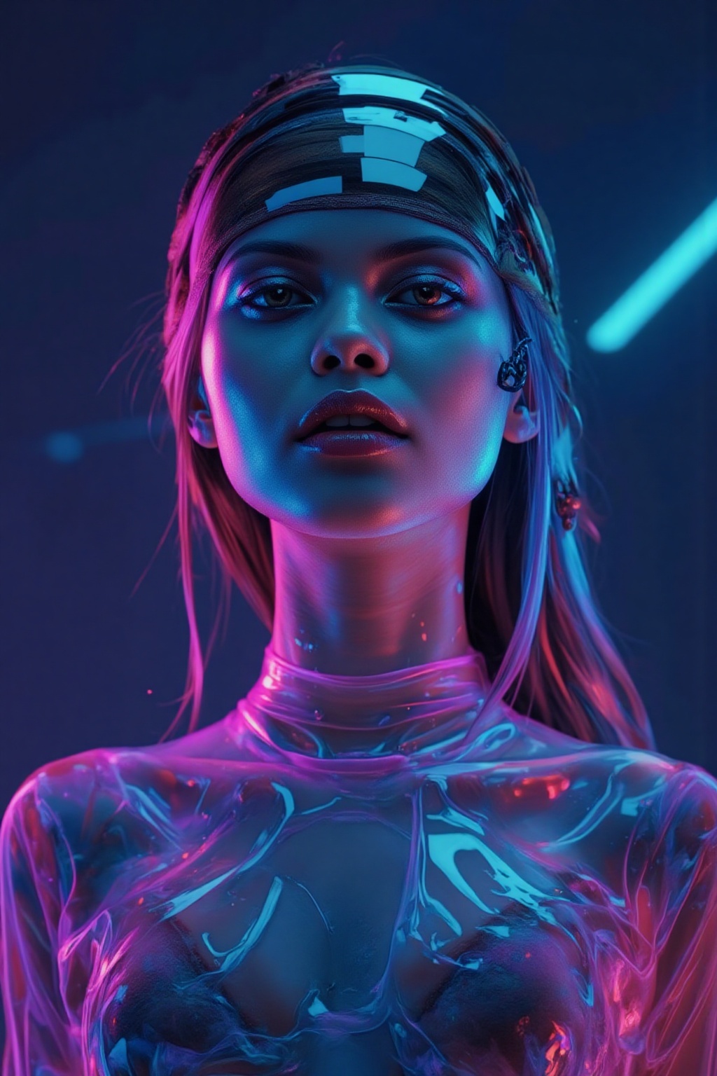 a woman wearing a shiny top and a choke,  ross tran 8 k,  glowing magical shiny skin on Tensor.Art