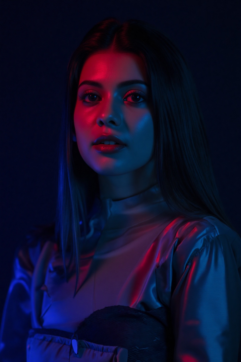 A beautiful woman,  The lighting is blue and red dramatic,  with a spotlight on the model. The image is professionally col...