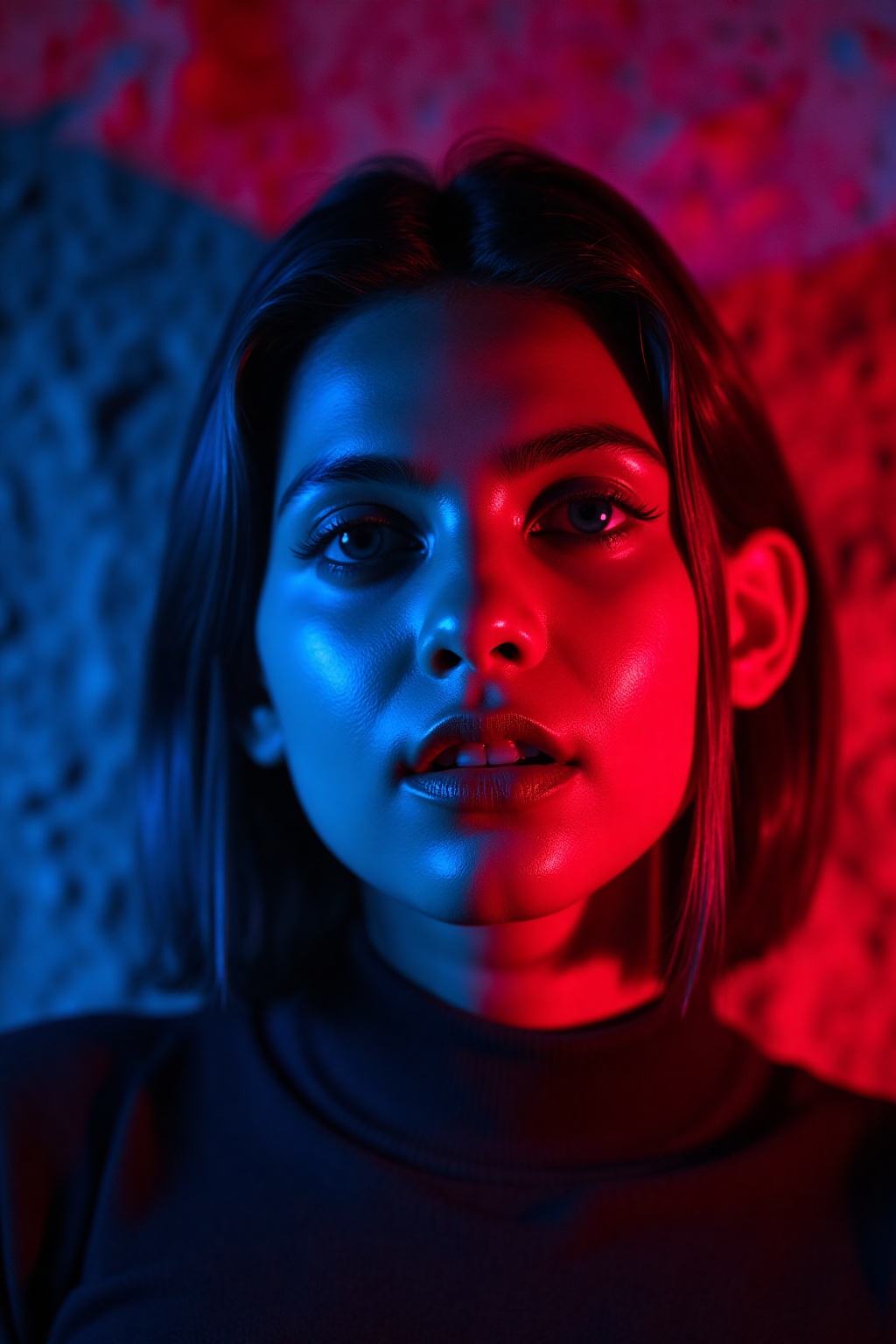 A stunning beauty illuminated by a bold blue-red spotlight,  the warm glow accentuating her flawless features against a ri...