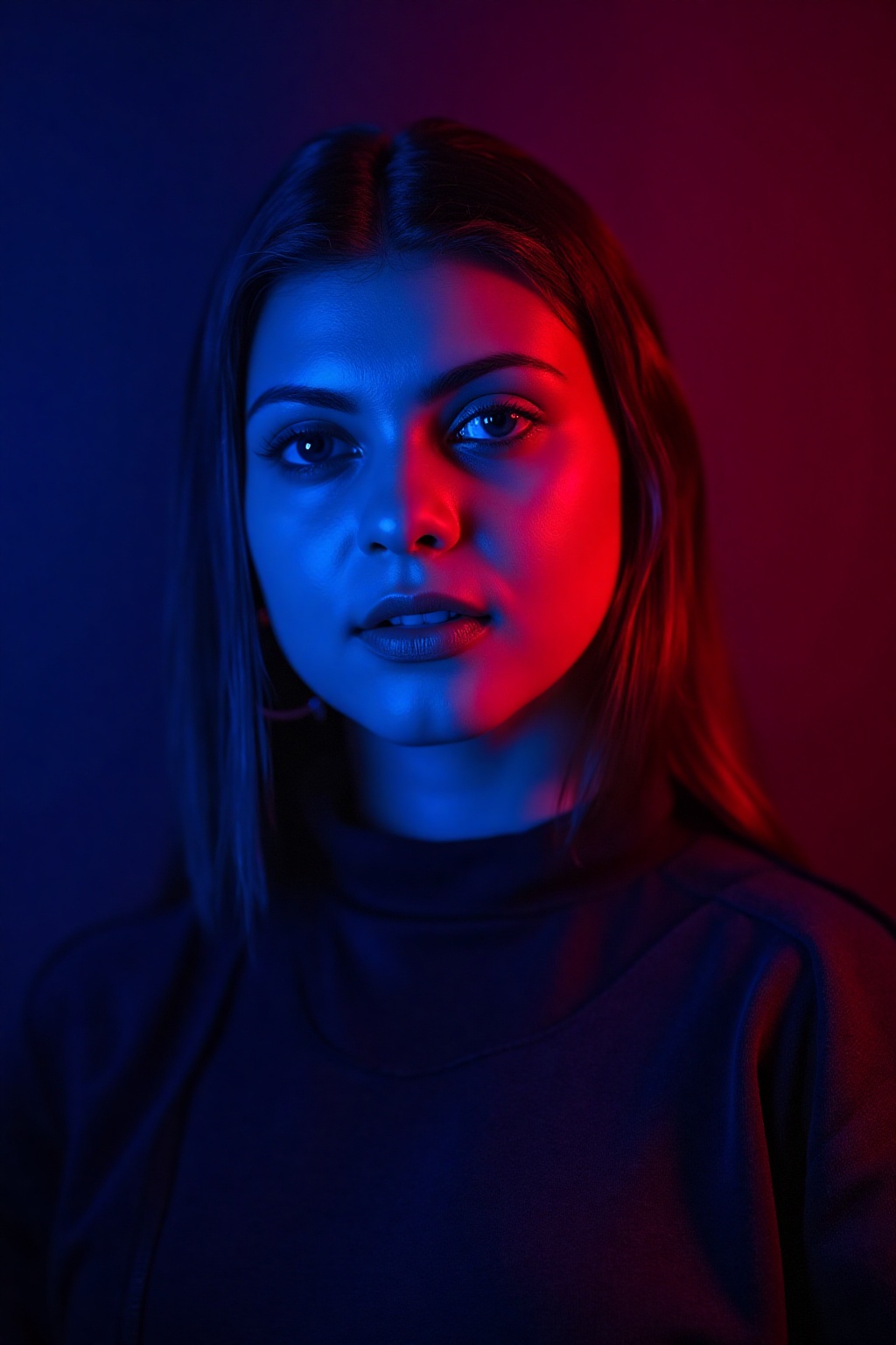 A beautiful woman,  The lighting is blue and red dramatic,  with a spotlight on the model. The image is professionally col...