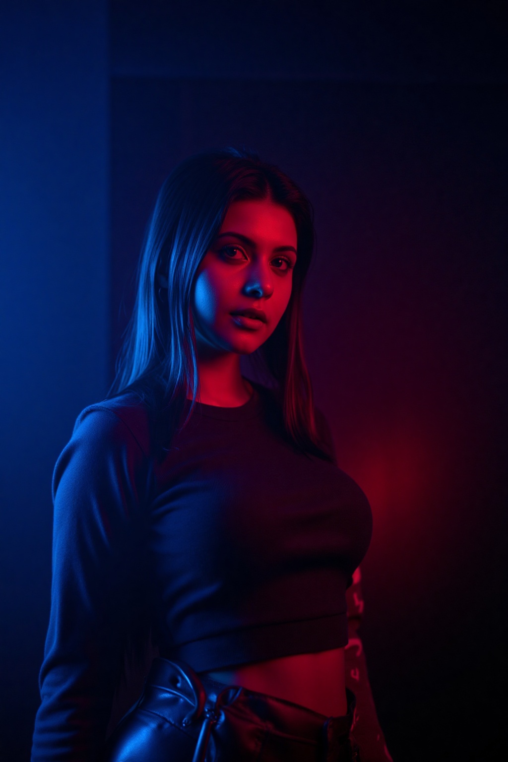 A beautiful woman,  The lighting is blue and red dramatic,  with a spotlight on the model. The image is professionally col...
