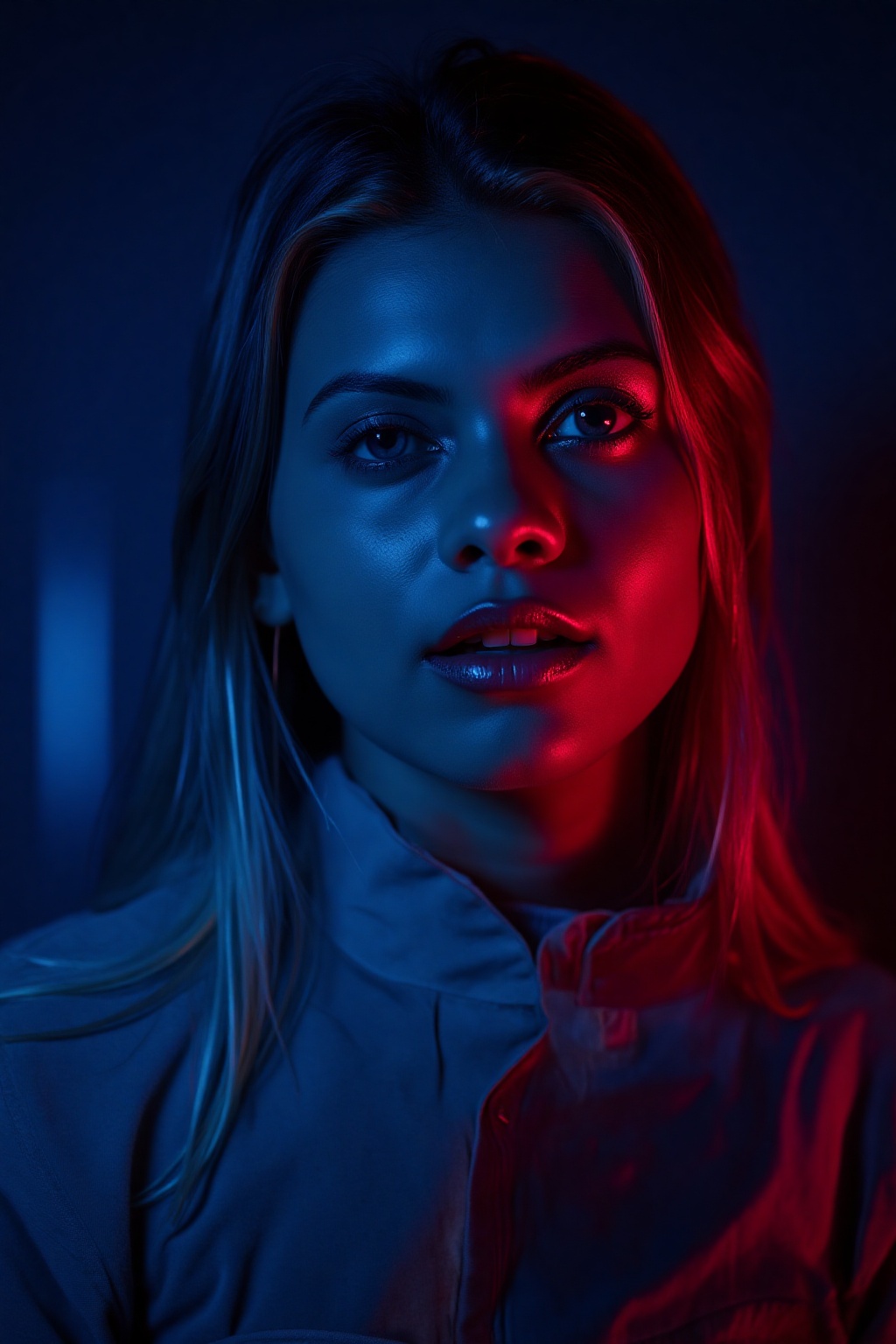 A beautiful woman,  The lighting is blue and red dramatic,  with a spotlight on the model. The image is professionally col...