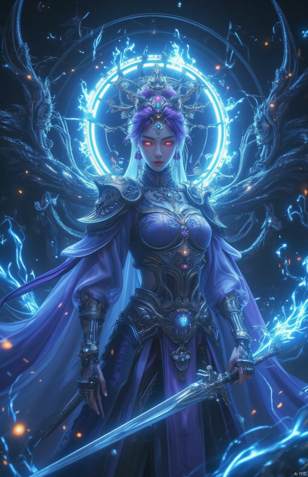 1 girl, Purple hair,Purple eyes,Glowing eyes,(Beautiful face), Lich King, undead swordsman, wearing armor decorated with skulls, burning blue flames all over her body, golden glowing eyes, slashing the sword in her hand, violent, angry and fierce, standing behind A broken skeleton dragon,guijian,armor,Xguang, headless,tifa,edgdeathknight
