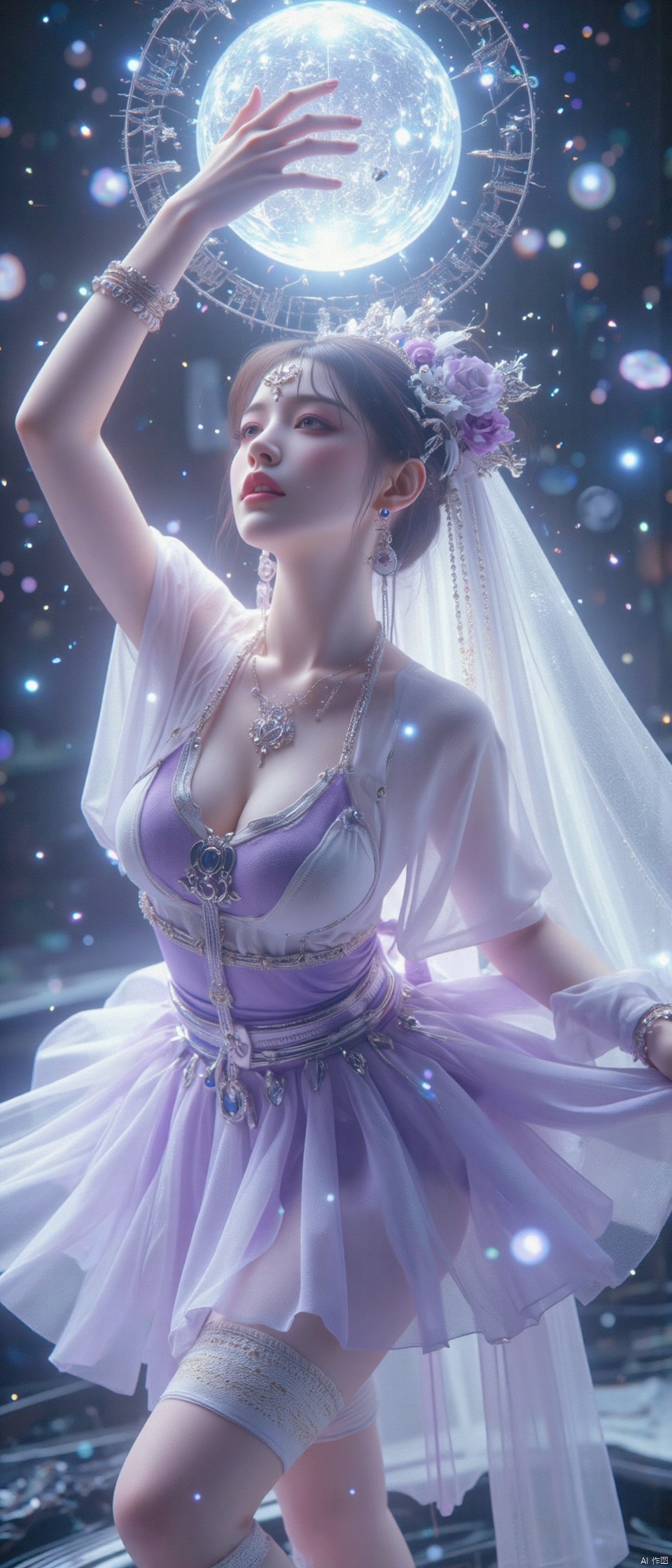 hair ornament, 1girl,world of ice and snow, Snowflakes are falling in the air, A captivating image of a female dancer, Ballet dancers show extraordinary athletic ability and elegance. Her right foot was ground, her left leg perfectly extended upwards, and her toes gracefully pointed forward. Her torso and head leaned back gracefully, her face tilted upward, as if in search of an invisible light. With her arms extended upwards, Her hands held up a huge snowball.she reflected the flow and grace of her dance.High resolution, 8k, soft lighting, hyperrealistic, photorealistic, detailed muscles, athletic physique, focused expression, dance attire, flowing fabric, elegant pose, feminine charm, trending on artstation.(light purple Ballet_tutu:1.5),(jewelry:1.5),lace,(looking_at_viewer:1.2), realistic,(blunt bangs:1.2),(hair bun),(standing:1),(hair ornament:1.2), (jewelry necklace:1),(Half-length photo:1),(smile:1),(white lace stockings:1),huge Breasts,cleavage,shiny pantyhose,forehead mark,qfl,dlrb, XLDMHF,hsw,large natural breast,soft breasts,dramatic lighting,dynamic pose,mid-action stance,flowing white fabric,serene and mystical mood