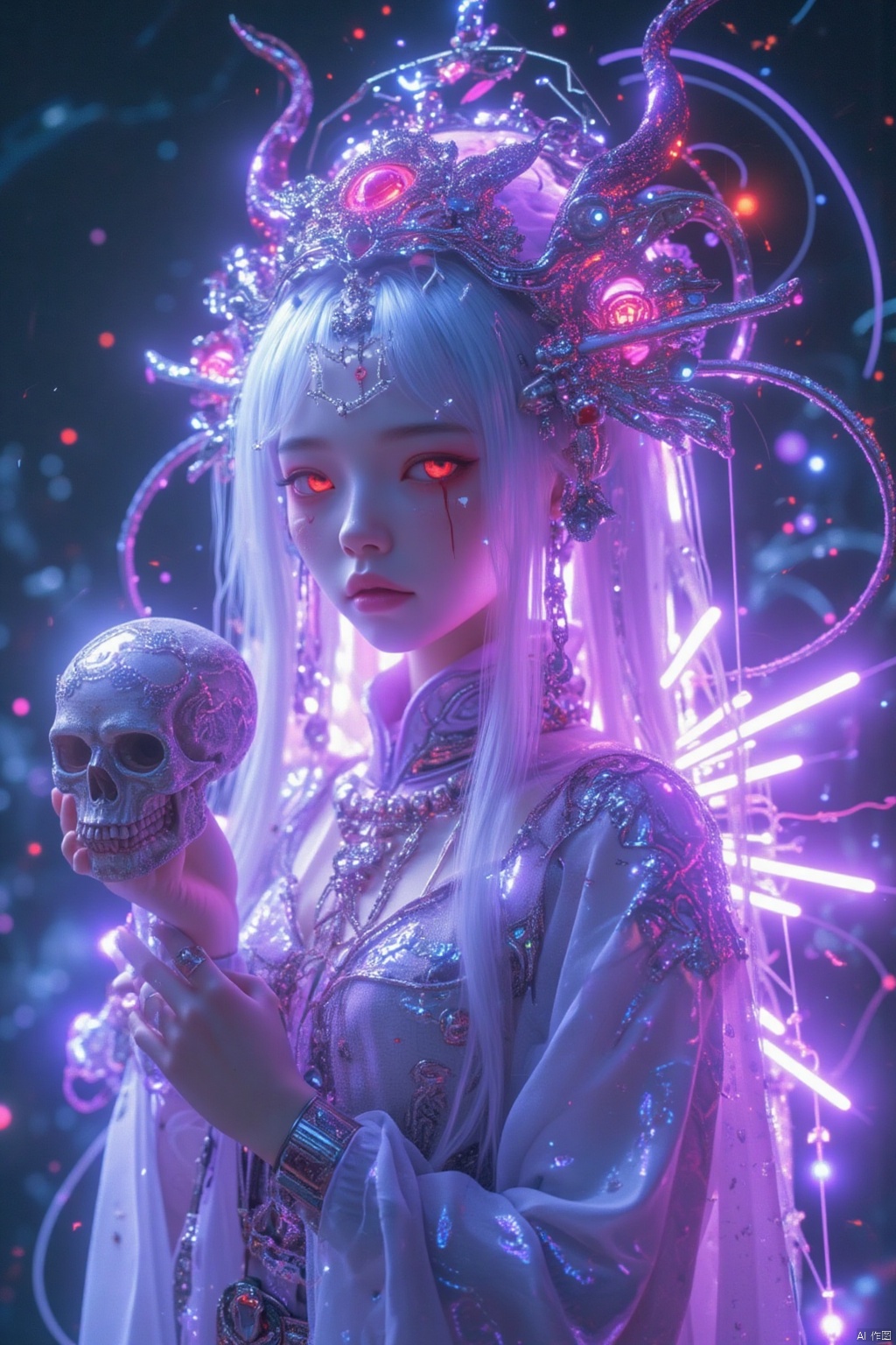 A girl, like a fairy in the sky, a fairy and a demon, holds a skull in her hand, with white hair, long hair, elegant hair, red eyes, blood in her eyes, and glowing special effects behind her.The overall appearance is purple style.Realism