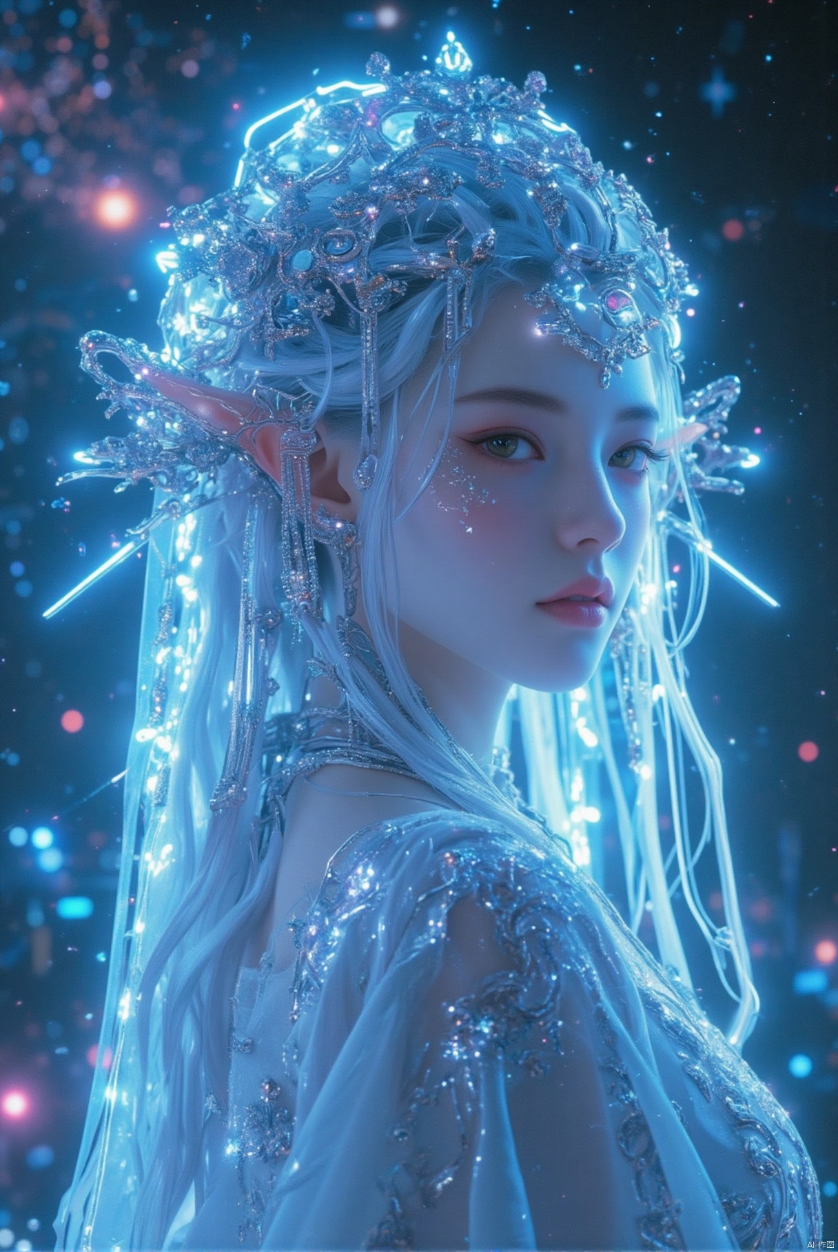 Beautiful female elf, elf with long silver hair, elf in beautiful white wedding dress, surreal photo, fantasy castle, neon colors, high contrast, fantasy, realistic details, high resolution, lord of the rings, maverick, movie stills, movie stills, beautiful western castle in the background, nebula, galaxy in the background, light, electric arc,noc-detail